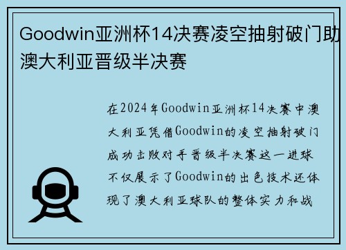 Goodwin亚洲杯14决赛凌空抽射破门助澳大利亚晋级半决赛 Goodwin亚洲杯14决赛凌空抽射破门助澳大利亚晋级半决赛