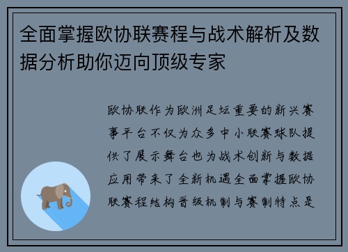 全面掌握欧协联赛程与战术解析及数据分析助你迈向顶级专家 全面掌握欧协联赛程与战术解析及数据分析助你迈向顶级专家