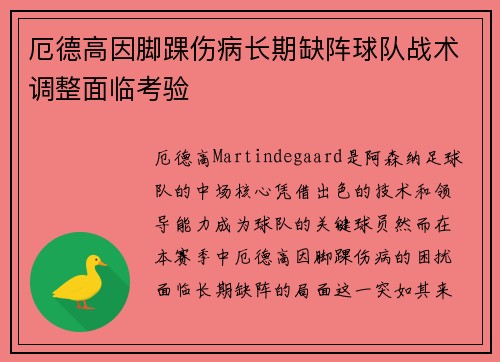 厄德高因脚踝伤病长期缺阵球队战术调整面临考验
